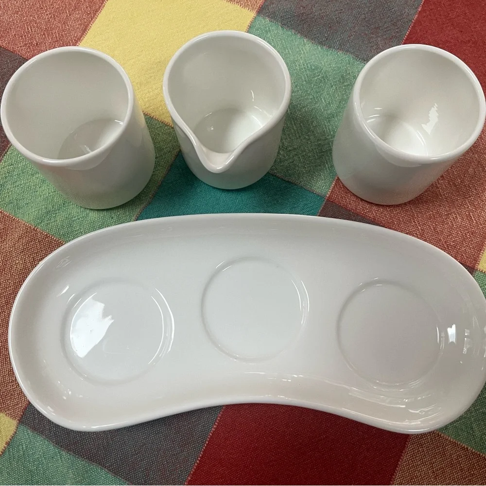 White Ceramic 3-Piece Serveware Set - Trio Dishes with Sauce Pourer